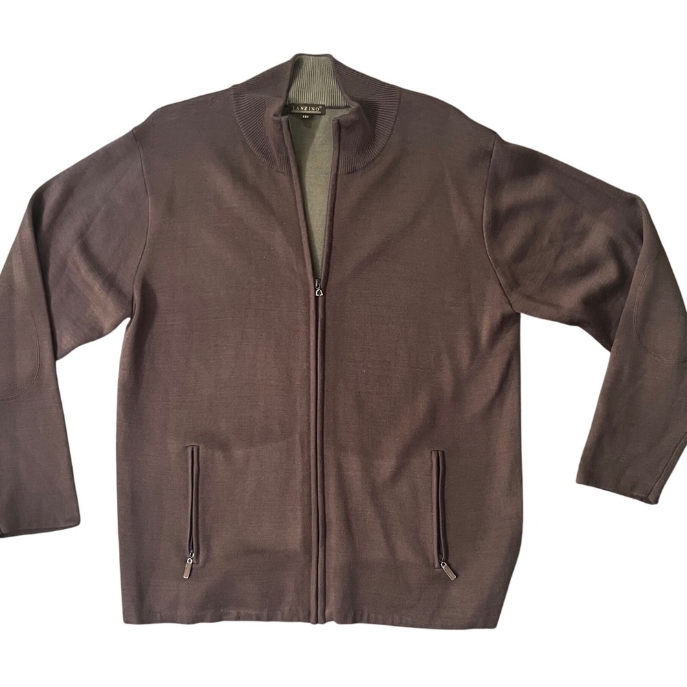 Lanzino XXL Mens Zip‎ Up Cardigan Sweater Brown Wool Blend Long Sleeve
